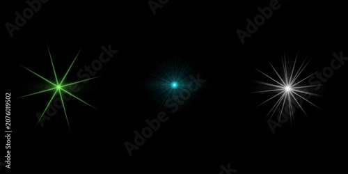 Collection of colorful star bursts with light rays effect isolated on black background for bright digital graphic art projects.