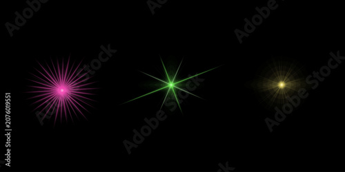 Collection of colorful star bursts with radial rays featuring pink green and golden glows for creative overlay and design projects.