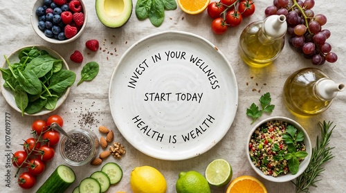Healthy food flat lay with organic ingredients and plate with wellness quote, diet plan nutrition concept