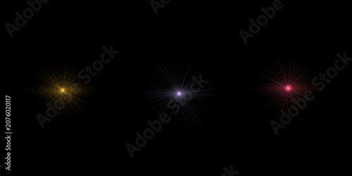 Collection of decorative light star flare graphics with various colors isolated on black for creative digital graphic compositions.