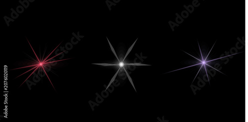 Collection of decorative light star icons with colorful rays and shining glares isolated on dark background for web page design.
