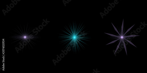 Collection of decorative light star flares with distinct rays isolated on black for professional graphic design art overlays.