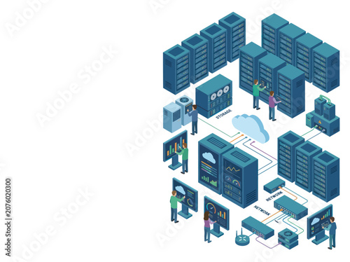 Modern Data Center Infrastructure with Servers and People.