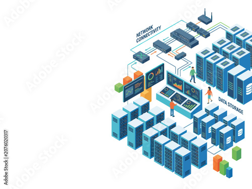 Modern Data Center Server Racks and Network Equipment Illustration.