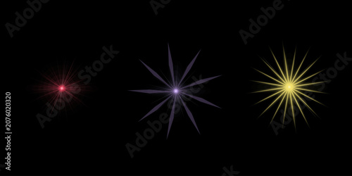 Collection of decorative light starbursts and lens flare effects in various colors isolated on black background vector graphic set.