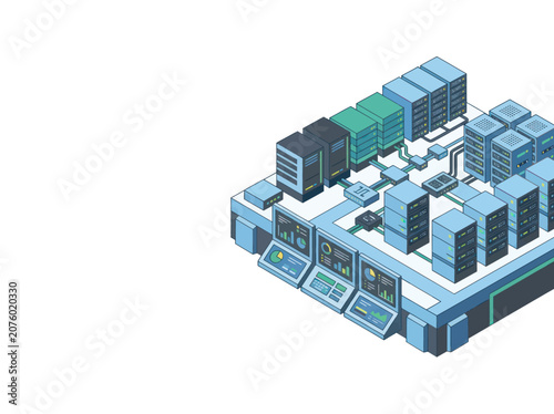 Modern Server Room with Racks and Computers.