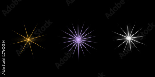 Collection of decorative light starbursts and radiant glowing lens effects for artistic graphic overlays on dark background.
