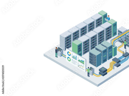 Modern data center with servers and network equipment.