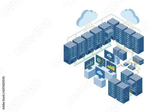 Modern data center with servers and cloud connections.