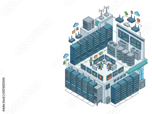 Modern data center with servers and networking equipment.