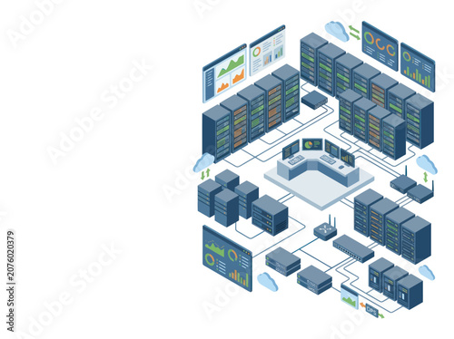 Modern Data Center Server Racks and Network Equipment Illustration.
