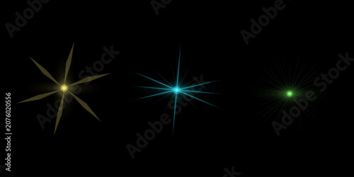 Collection of digital light flares and glowing starburst icons for modern artistic design and motion graphics on black background.