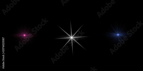 Collection of digital light sparkle vector assets displaying brilliant star radiance and colorful lens flares on black space.