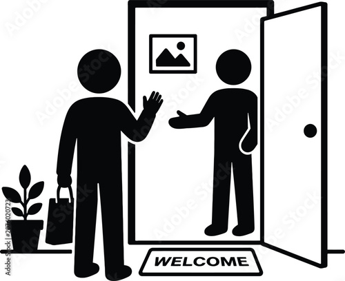 Welcoming Guest at Front Door Illustration, Hospitality and Friendly Greeting Concept