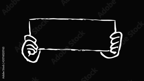 Sketchy cartoon hands holding a white sign board, loop animation vector