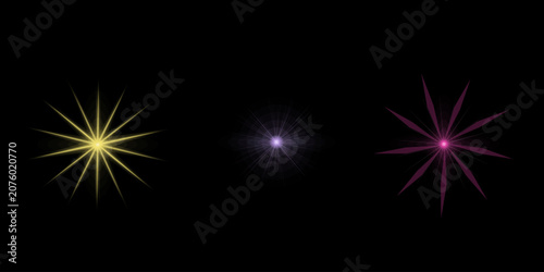 Collection of elegant star shaped light flares with rays isolated on black background for creative visual graphic design.