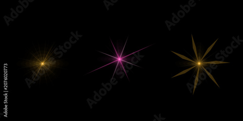Collection of elegant starlight flares and bright glowing sparkle elements on dark backdrop for professional visual projects.