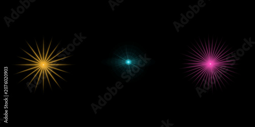 Collection of glowing light effects and sparkling star bursts isolated on black background for modern graphic design composition.