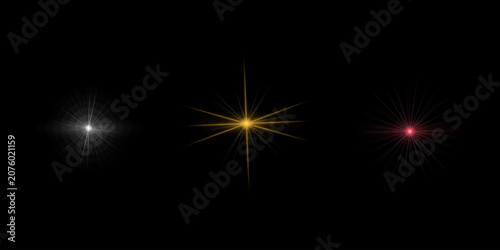 Collection of glowing star light effects in vibrant colors with sharp rays and lens glints for professional image enhancement.
