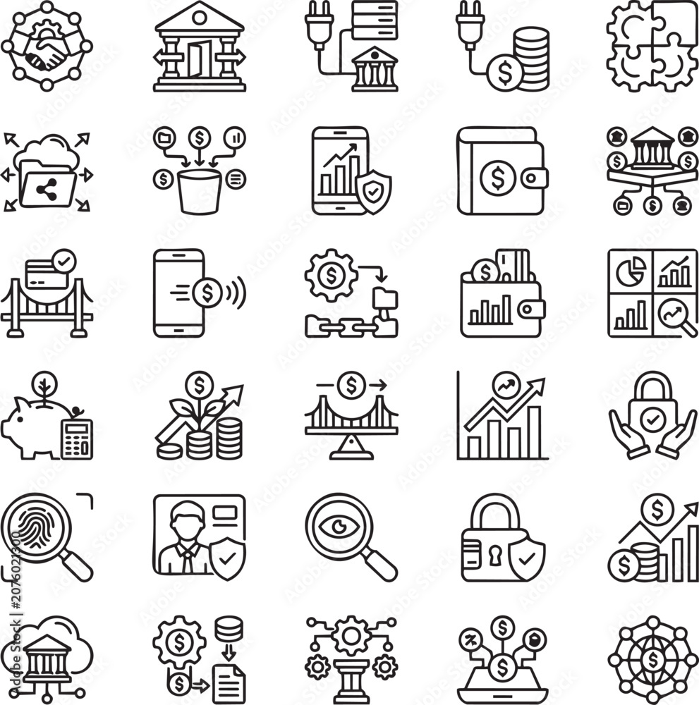 Fototapeta premium Open Finance Line Icons Set – Open Banking APIs, Financial Data Sharing, Fintech Integration & Digital Finance Outline Vector Icons