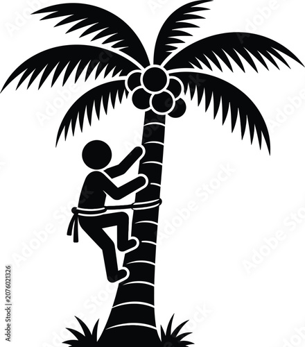 Coconut Harvesting Illustration with Farmer Climbing Palm Tree