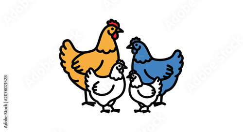Colorful cartoon chickens standing together.