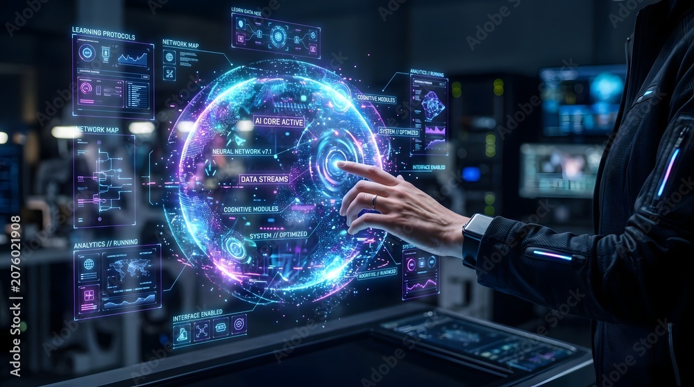 Fototapeta premium Futuristic AI Hologram Interface with Digital Touch Technology