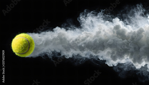 Tennis Ball High Impact Smoke Cloud Speed Shot Black Studio — Neon Green Yellow Ball Focus, White Powdery Smoke Sweep Right, Motion Energy Concept — Tennis Tournament Campaign, Sport Brand Identity