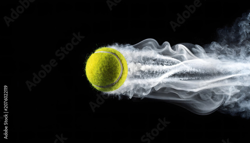 Tennis Ball Flying Fast Smoke Trail Black Background Dramatic — Neon Yellow Ball Sharp Focus, White Billowing Smoke Speed Trail Horizontal — Tennis Speed Power Concept, Sport Brand Campaign