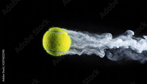 Tennis Ball Flying Fast Smoke Trail Black Background Dramatic — Neon Yellow Ball Sharp Focus, White Billowing Smoke Speed Trail Horizontal — Tennis Speed Power Concept, Sport Brand Campaign