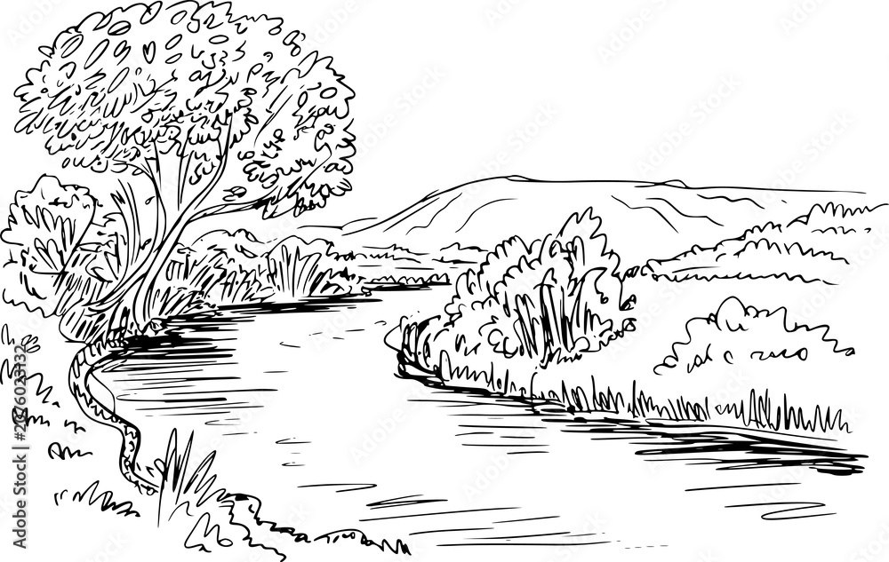 Obraz premium A black and white line of a peaceful river flowing through a scenic landscape with trees and hills