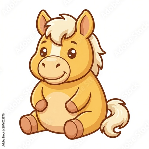 Cheerful golden pony sitting with rounded hooves and a cream tousled mane, an adorable clip art horse character with glossy eyes, warm shading, bold outlines and a spacious clean white background