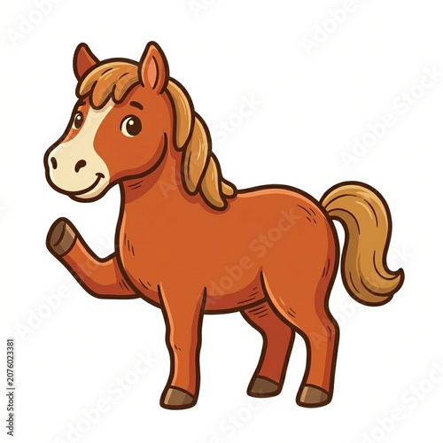 Friendly chestnut pony lifting one front leg in a jaunty greeting, playful clip art horse with golden mane, expressive eyes, rustic shading, hand drawn accents and bold outlines isolated on white