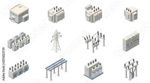 Bild auf Leinwand Isometric industrial power substation and electrical infrastructure