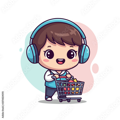 Cute Chibi Character Pushing Shopping Cart and Wearing Headphones Vector Illustration