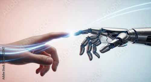 Mechanical robot hand meeting human finger with light trail representing fusion of artificial intelligence and human soul in tech future.