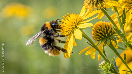 Billede på lærred Bumblebee Pollinating Yellow Flower in Close Up Macro Shot with Soft Natural Lig