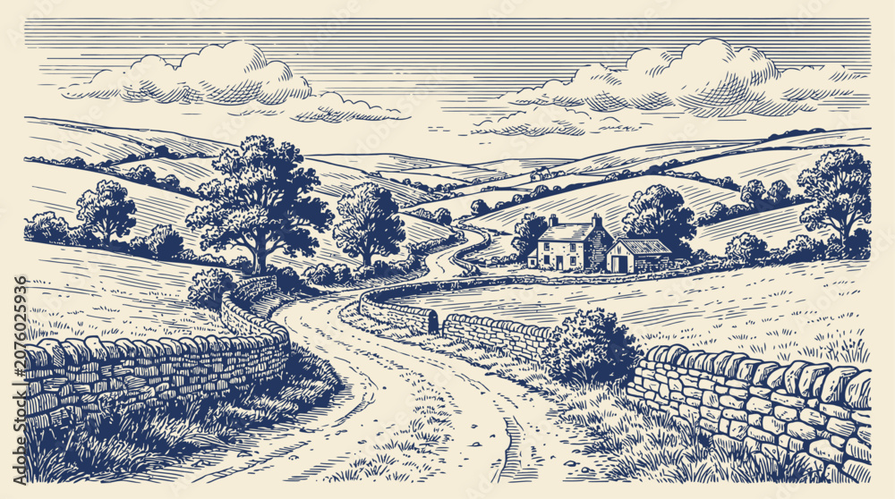 Fototapeta premium Vintage engraved vector illustration of a winding countryside dirt road and farm track through a scenic rural landscape with pastoral sketching elements and rustic woodcut aesthetic.