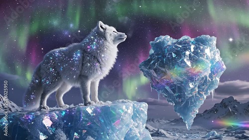 Sparkling arctic fox on ice under magical aurora borealis