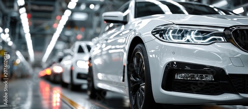 White luxury sedan parked in a modern automotive assembly line, with blurred vehicles and industrial lighting creating a dynamic manufacturing environment