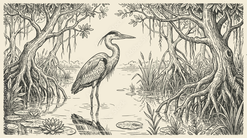 Fototapeta premium Serene vintage line art vector illustration of a majestic heron bird standing gracefully in shallow water, delicate retro sketch of elegant wildlife, minimalist nature scenery design.