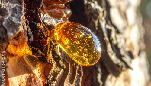 Golden honey dripping from honeycomb in natural setting.