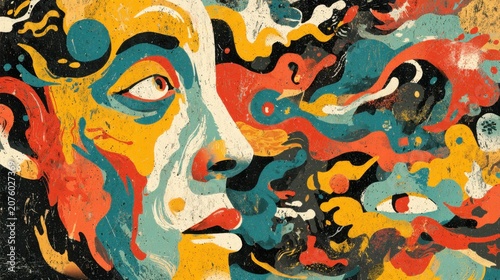 Abstract psychedelic face portrait with bold retro swirling colors illustration