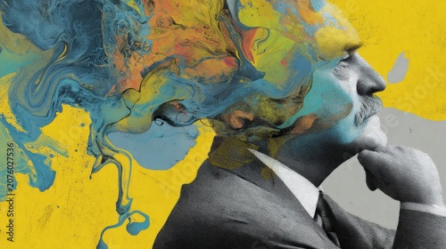 Thoughtful businessman with colorful abstract mind explosion concept art