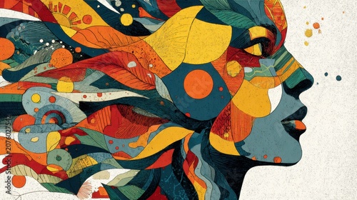 Vibrant abstract woman profile with swirling colorful nature elements illustration