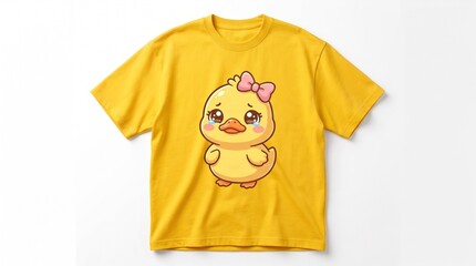 Create a premium front-view mockup of a yellow t-shirt with a cartoon duck design.
