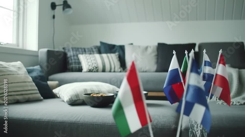 Living room sofa with snacks and international flags for sports