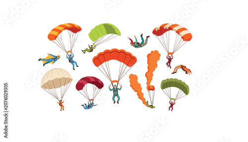 Tableau sur toile Skydivers and parachutists flying in the sky set, extreme sports skydive activities flat vector illustration isolated on white background