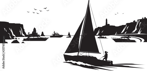 Sailing Boat on the Sea with White Sails Under Blue Sky Scenic Ocean Travel and Summer Vacation Adventure