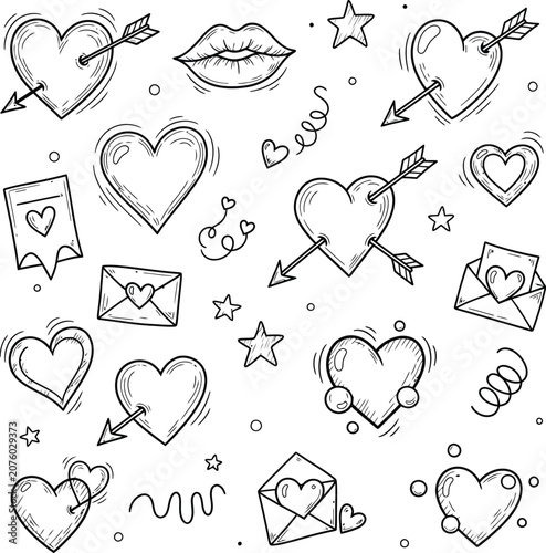 Valentine romantic doodle set with hearts arrows and lips, valentines